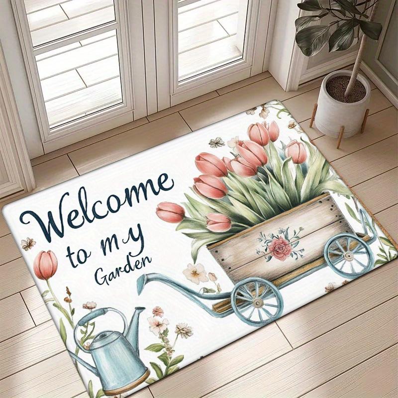 1pc Welcome to My Garden Non-Slip Door Mat - 0.47inch Thick Machine Washable Polyester Mat with Floral Tulip & Wooden Cart Desig