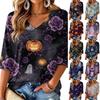 Women's V-Neck Casual Three-Quarter Sleeve Halloween Print Top for Party and Everyday Wear