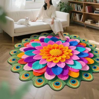 Tappeto Circolare Floreale Visivo 3D, Tappeto Stampato in Velluto Cristallo, Decorazione Casa Soggiorno Tappeto Antiscivolo e Facile da Mantenere