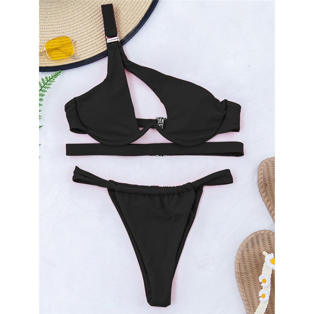 Schwarz One Shoulder V-Bar Bügel Bikini Set Push Up Badeanzug Weibliche Bademode Frauen Badende Badeanzug