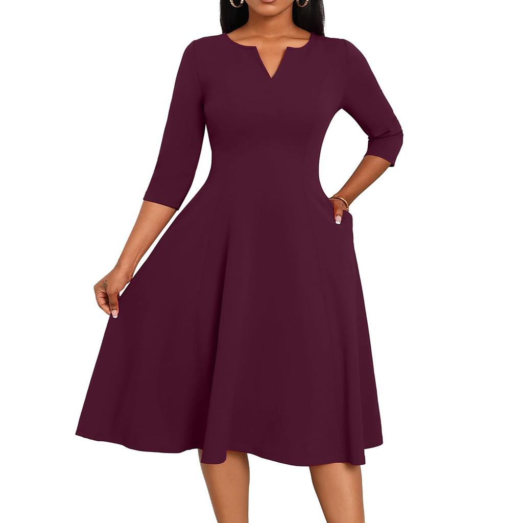 Women's A-Line Fit & Flare Skirt 3/4 Sleeves V-Neck Solid Color Cocktail Wedding Guest Overalls With Pockets Dress