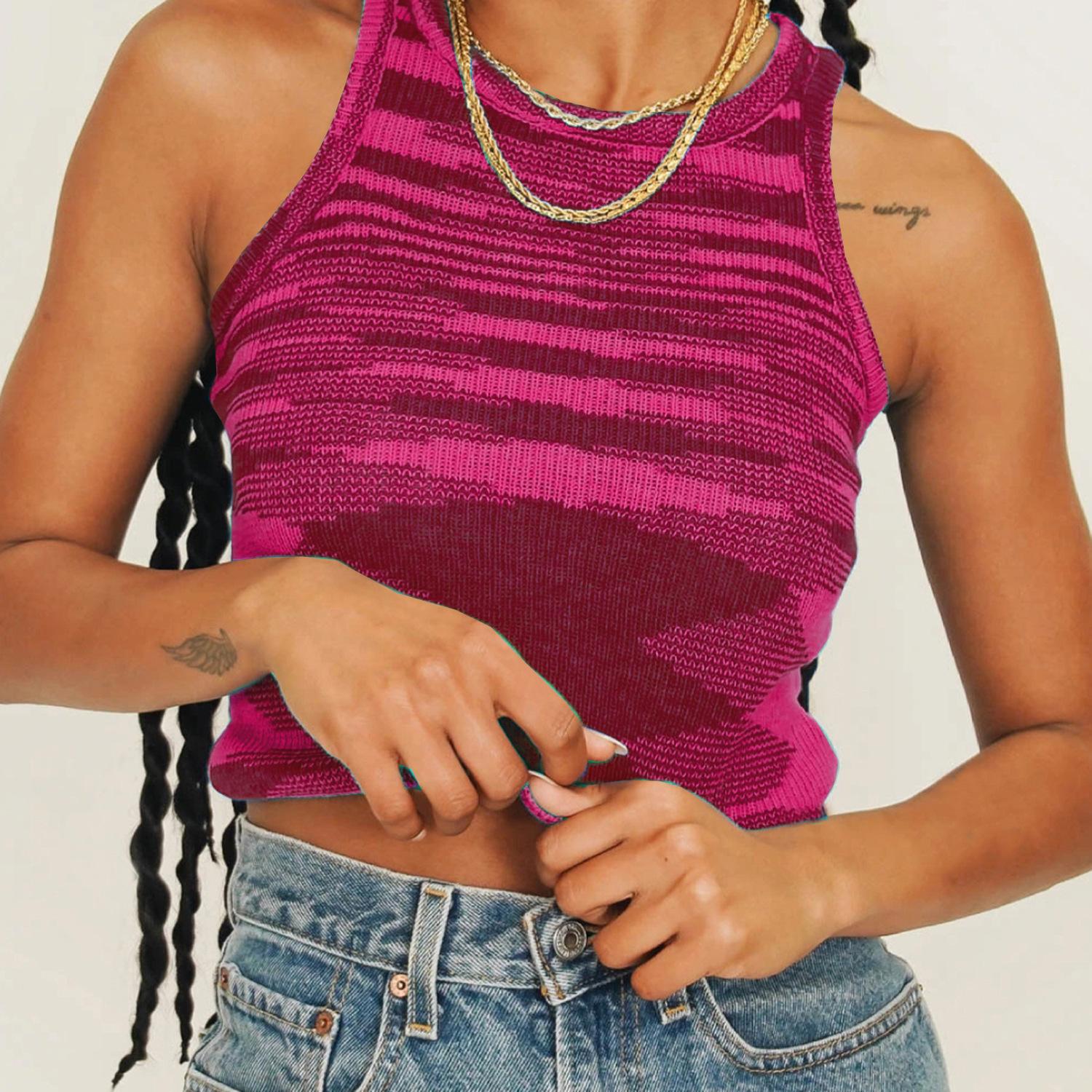 

Женский цветной шерстяной трикотажный облегающий короткий топ без рукавов XL розы красного