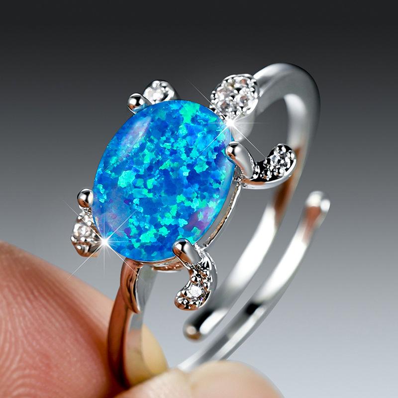 Personalized Oval Blue Green White Turtle Mouth Versatile Womens Ring with Micro Inlaid Zircon Decoration