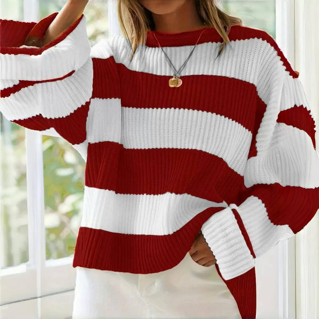 2KWEIRD Rundhals Langarm Gestreifter Pullover für Damen Mode Glockenärmel Locker Gestrickte Pullover Y2k Preppy-Stil