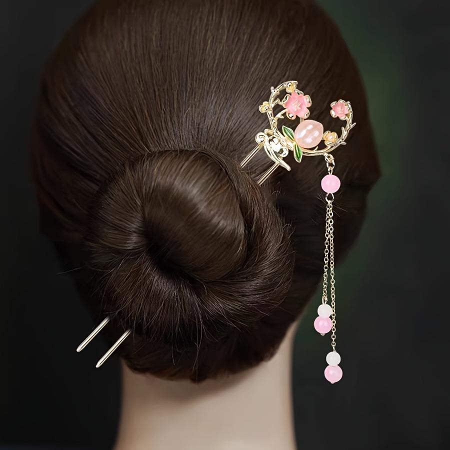 1pc Elegant Peach Blossom Tassel Hairpin Vintage Chinese Style Hair Stick for Women Alloy Floral Hairstyling Hairstyle Accessory