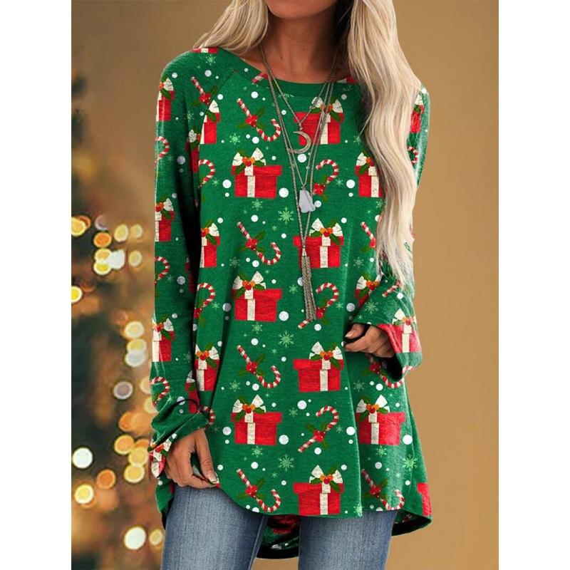 Christmas Gift 3D Printed Long Sleeved T-shirt for Women, Fashionable New Year Round Neck Top