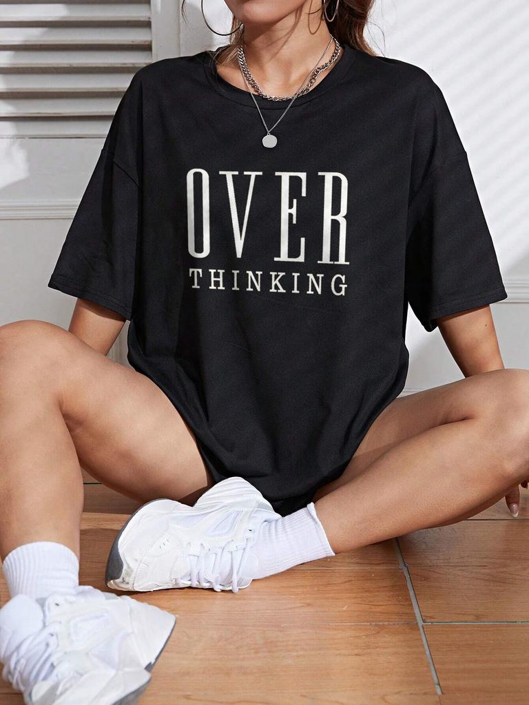 Over Thinking Letter Print Women Cotton Short Sleeve Breathable Vintage ONeck Tops Allmath Casual TShirts Female Tee Clothing