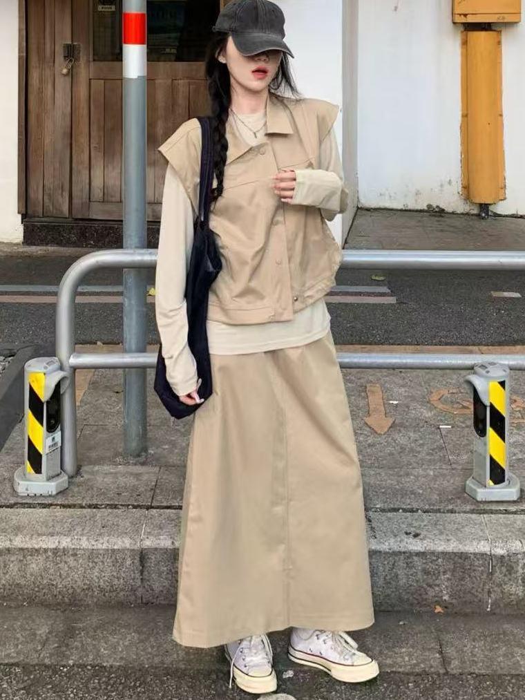 2026 Korean Style Spring/Autumn Elegant Three-Piece Set: Long Sleeve Top and Retro Skirt