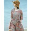 Elegant Light-color Printed Cotton and Linen Medium and Long Dress for Women's 2025 Summer New Product Loose and Casual Over the Knee Waist and Thin