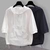 Men's Summer Solid-Color Hooded Short-Sleeve T-Shirt: Stylish Workwear-Style Top with Large Pockets, Loose Fit, and Zipper