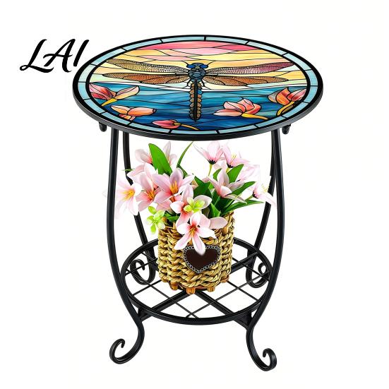 Butterfly Pattern Table Outdoor Side Table Round Small Mosaic Bird Patio Accent Indoor End Plant Coffee Tea for Yard Porch Garden Living Room,