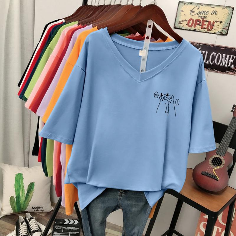 Short-sleeved T-shirt, Loose-fitting, Slimming Printed V-neck Top for Women