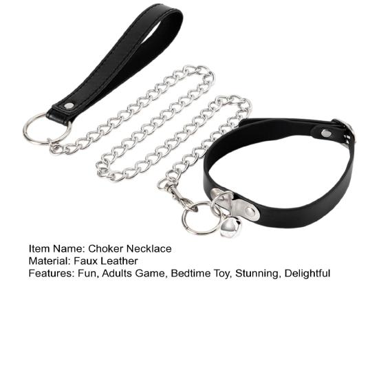 Faux Leather Choker Necklace And Leash Set for Women Adjustable Gothic Black Collar Chain Necklace with Bell for Clubwear Rave BDSM Cosplay