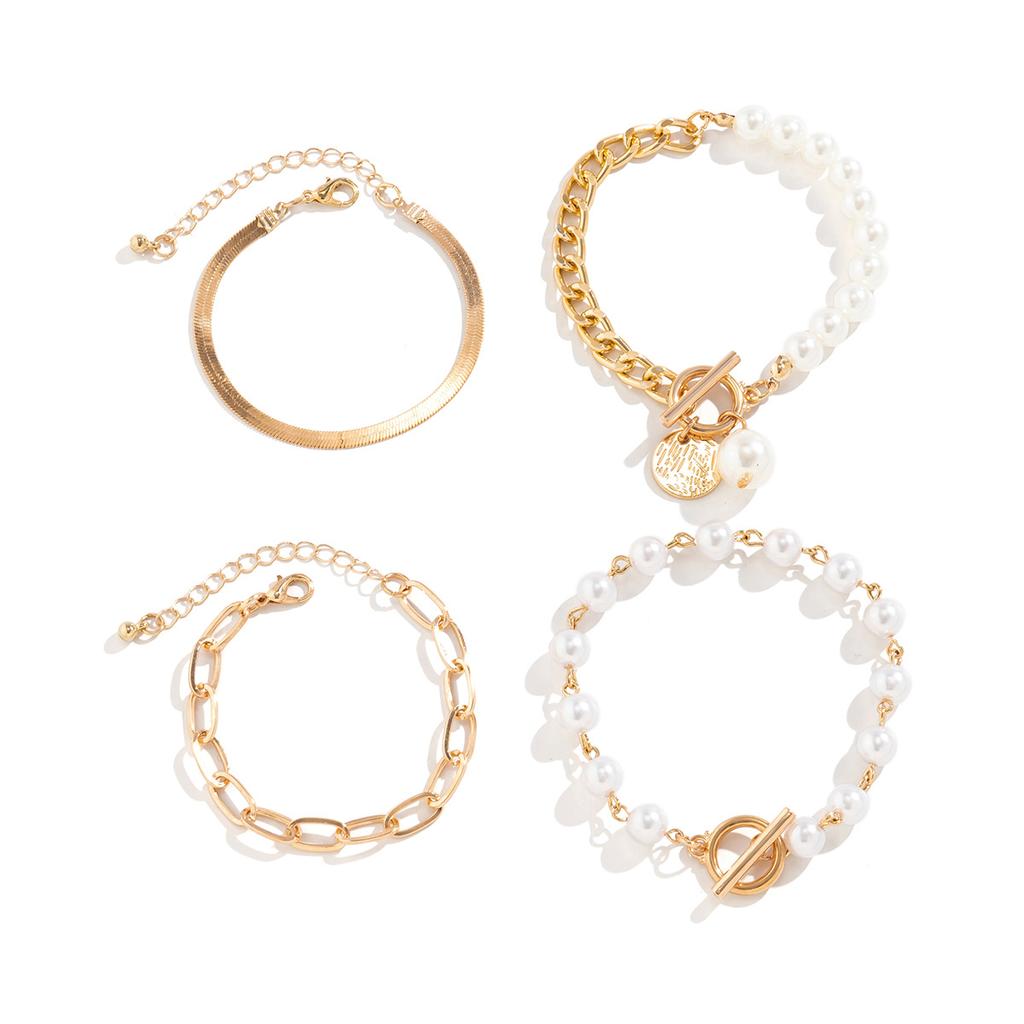 Sweet And Cool Multi-Portrait Imitation Pearl Bracelet Set, Personalized Cross Chain Jewelry For Women