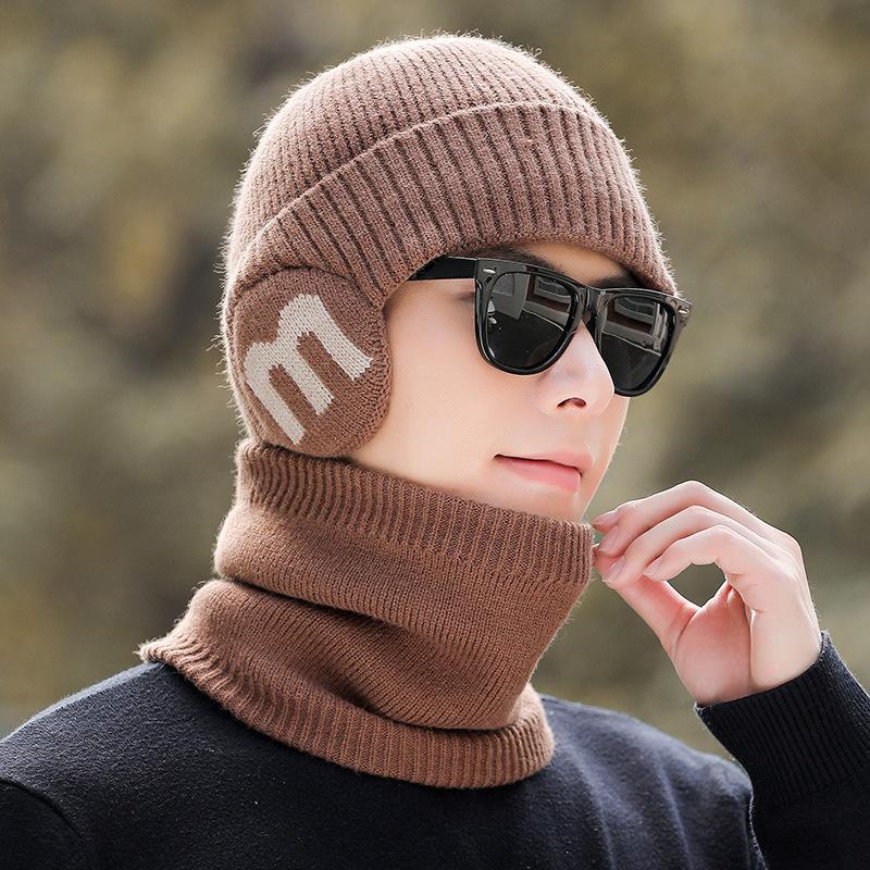 Knitted Hat Men's Winter Thick Letter Warm Cap Scarf Set Big Head Waving Elastic Pullover Cap