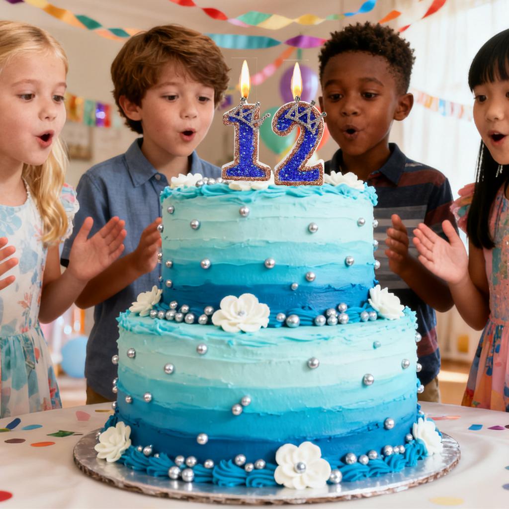 Niebieska Korona Świeczka Urodzinowa Cyfry 0-9 Świeczka z Brokatem Świeczki na Tort Dekoracja na Imprezę Cupcake na Rocznicę