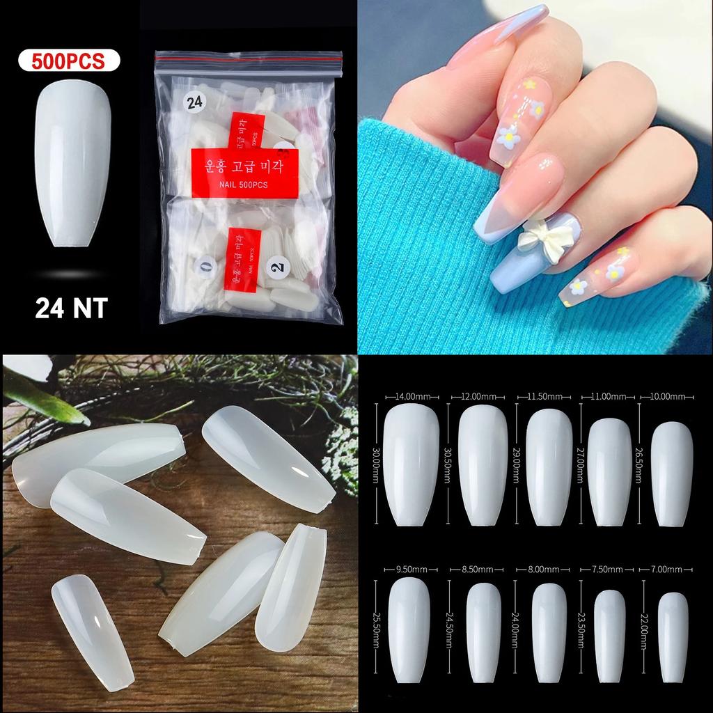 500PCS Natural Transparent Ballerina Almond  Round End Full/Half Ballet Coffin French False Nail Tips Fake Toenail Tip Manicure