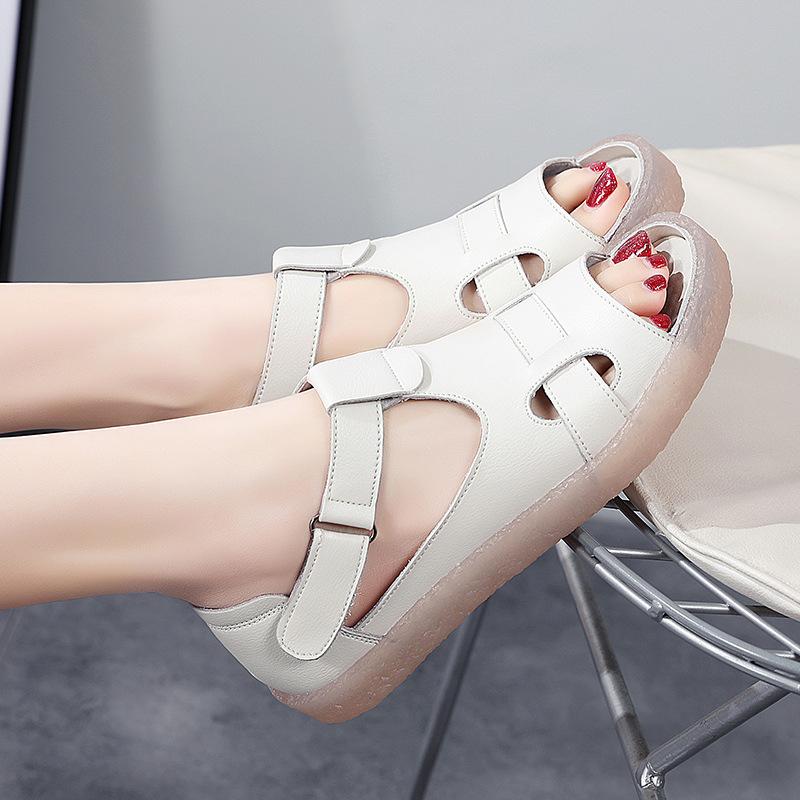 

Sandals for Women s Summer New Genuine Leather Roman Sandals Comfortable Pregnant Women s Flat Shoes Versatile Outside Mother s Hole Shoes 35