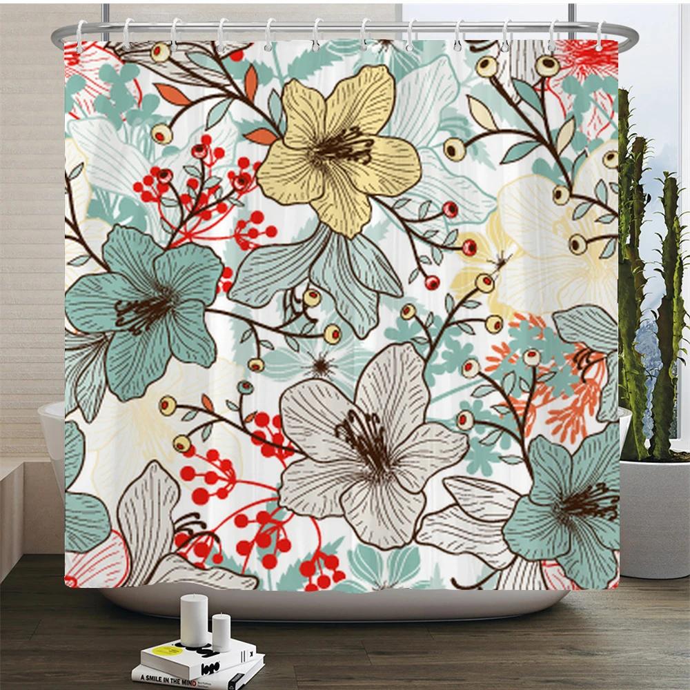 

European Retro Flowers Bathroom Curtains Green Leaf Plant Waterproof Polyester Shower Curtain Nordic Home Bathroom Decoration W60H190(CM)-1 Pcs