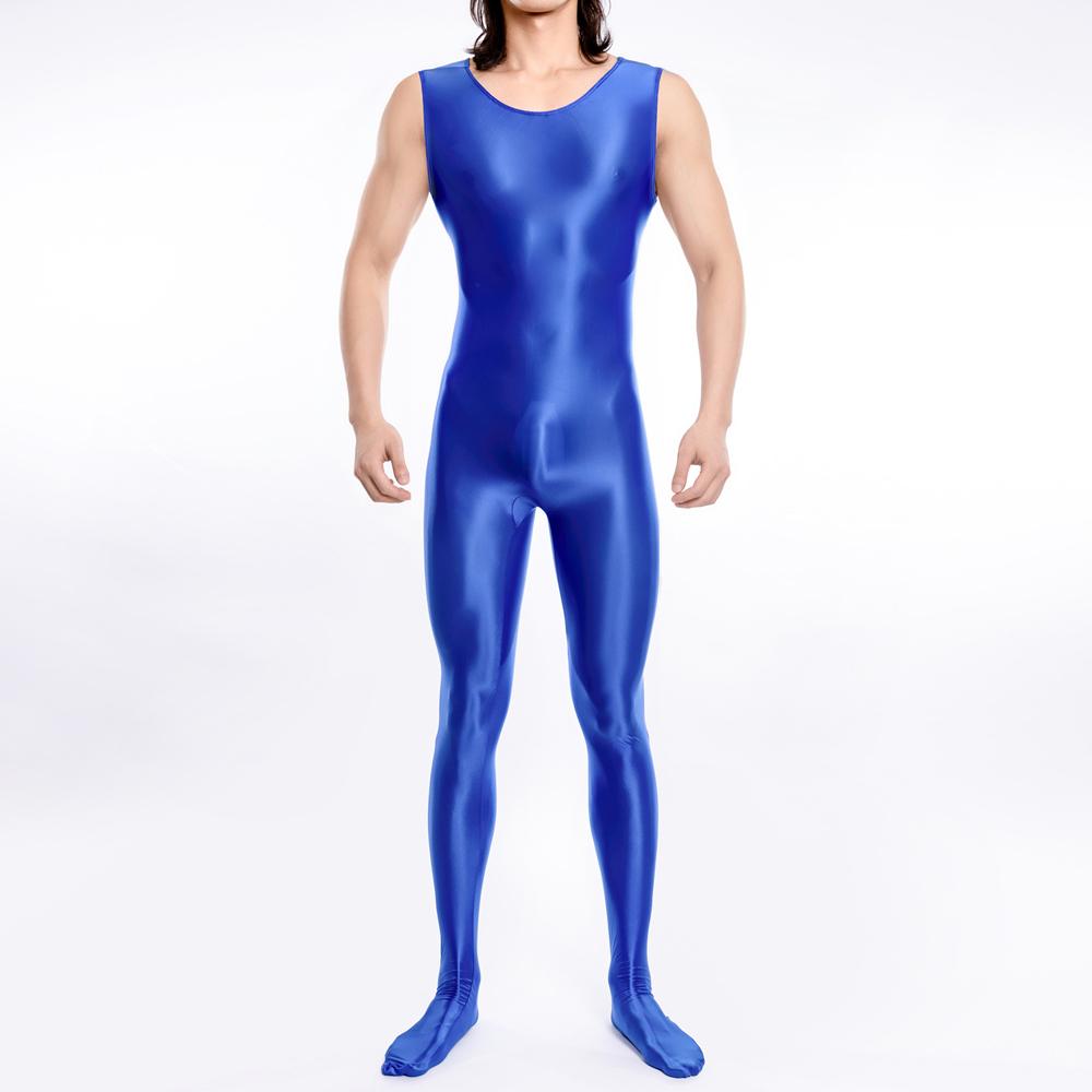 Sexy Men Candy Color Oil Glossy Shiny Shapping Bodysuit Smooth Sheer See Through Tights Elastic Fitness Leotard Sleeveless