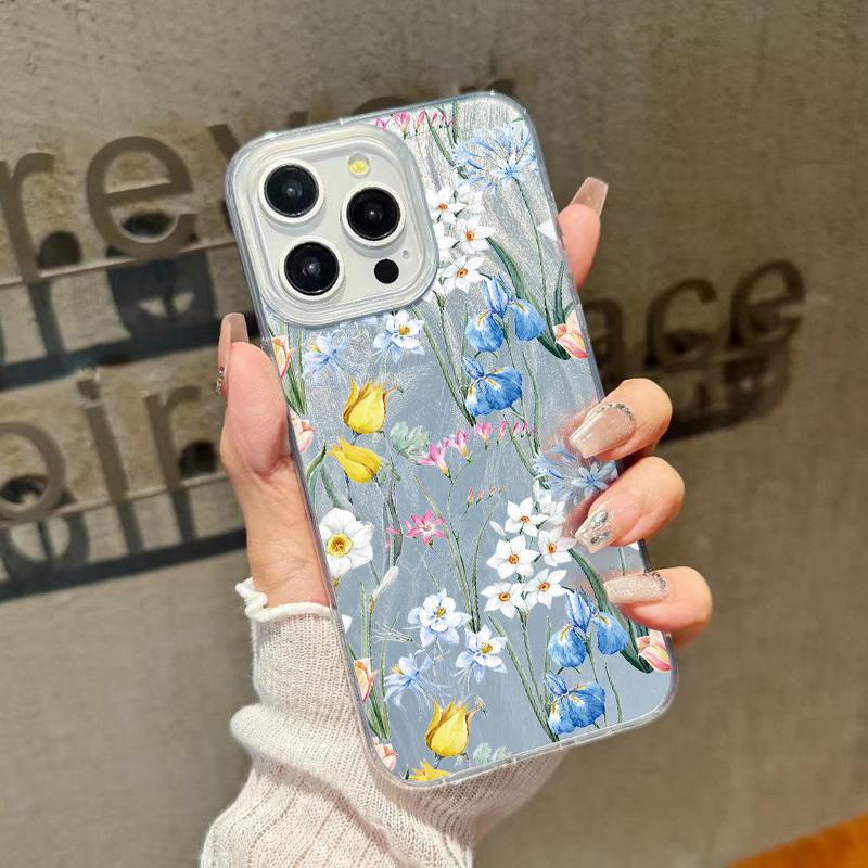 

Тонкий чехол для телефона с цветочным узором и перьями для iPhone 16 Pro Max 15 Pro 14 13 12 11, прозрачный ударопрочный чехол из ТПУ с мягким краем и блестками, жесткая задняя крышка из ПК iPhone 11 светло-синий