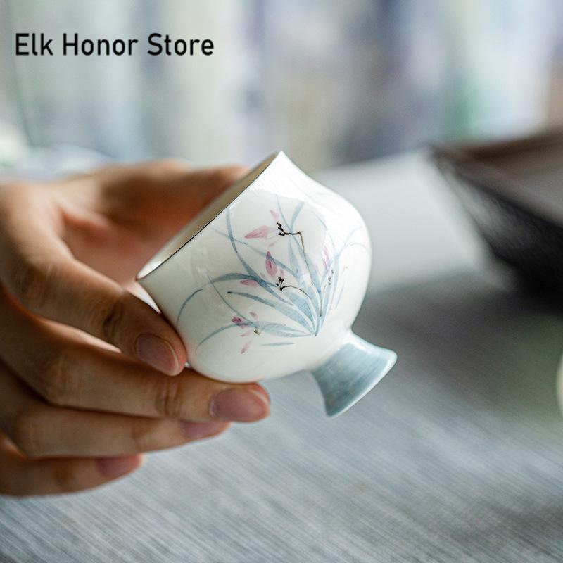 65ml Pure Hand-painted Orchid Ceramic Teacup Drawing Platinum Barbarian Waist Cup High Foot Master Cup Kung Fu Teaware Gifts