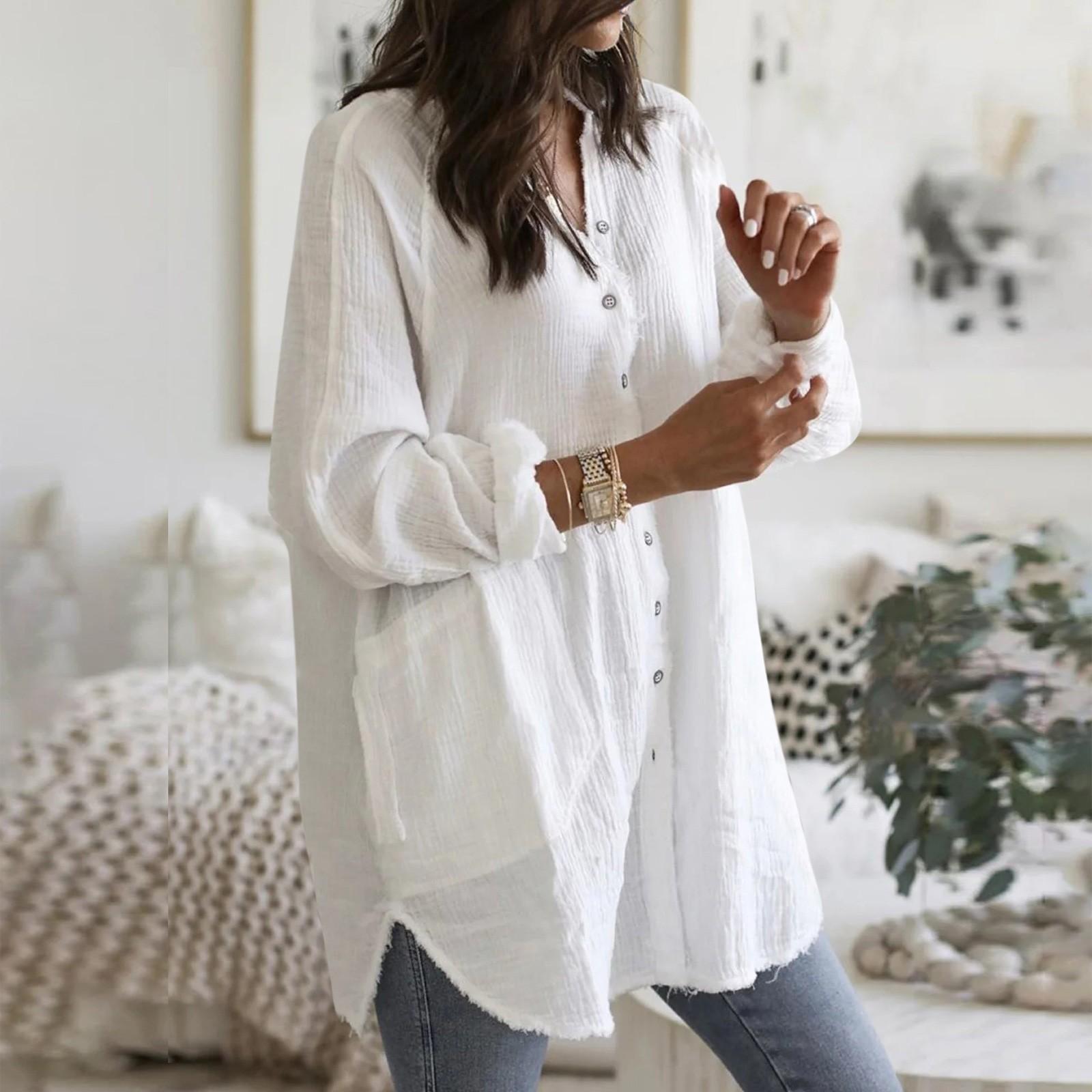 

Женская осенне-зимняя однотонная рубашка на пуговицах с длинными рукавами и карманами, футболка, куртки S белый