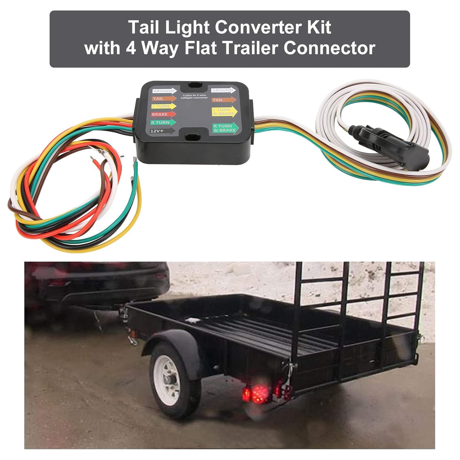 Fydun Trailer Wiring Converter Powered 3 to 2 Wire Trailer Tail Light Converter with 60in Wiring LED Compatible