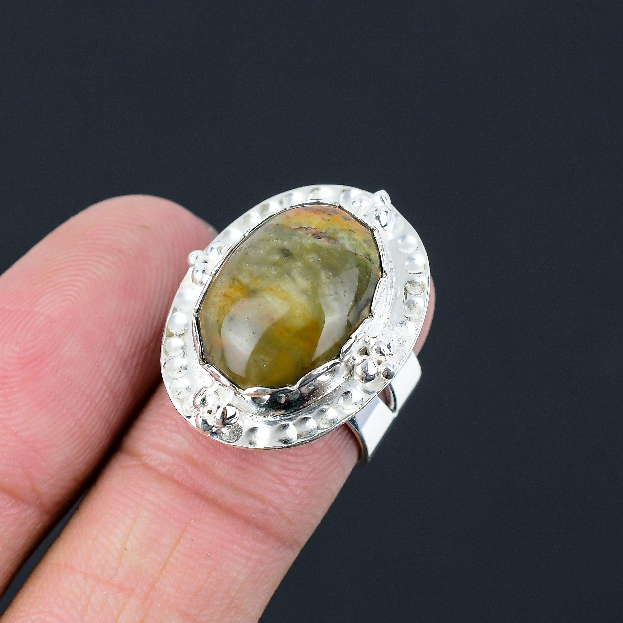 Oval Natural Polychrome Jasper Solitaire Wedding Ring Jewelry 925 Silver US 7.5 7.5