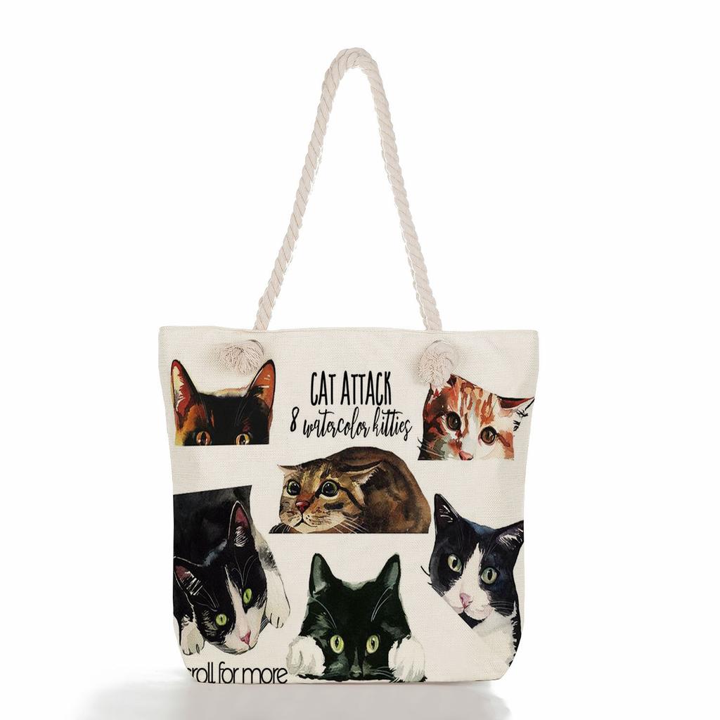 Cute Cats and Dogs Print Thick Rope Single-shoulder Beach Bag 7225