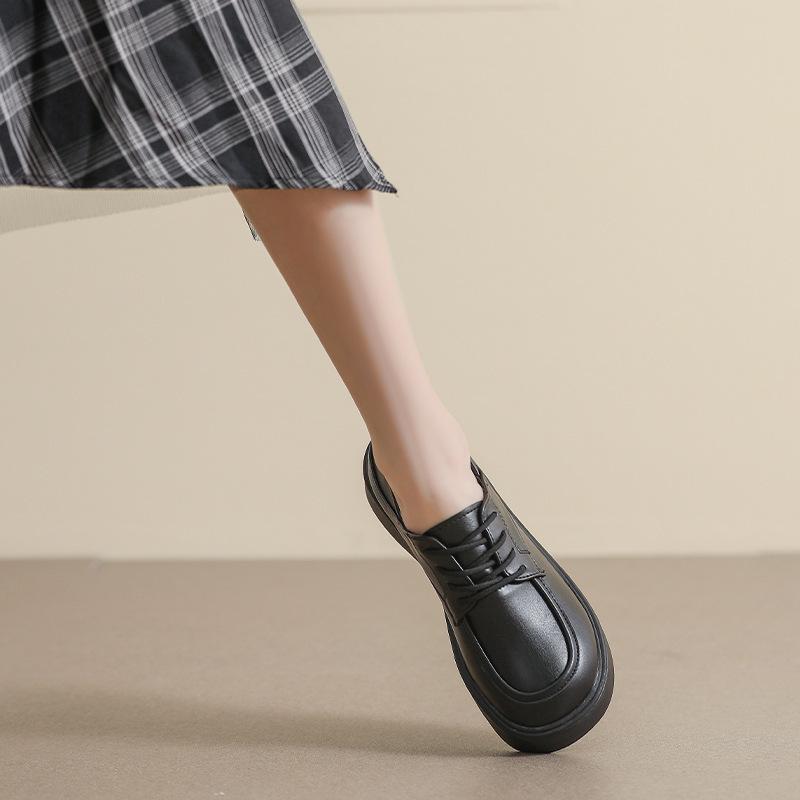 Leather small leather shoes women's 2025 lace-up spring British style single shoes black loafers soft-soled muffin platform loafers