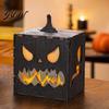 LED Lighted Halloween Decoration Wooden Pumpkin Candle Holder, Jack O Lantern Demon Face Box Three Dimensional Wood Craft Decor, Tabletop Centerpiece