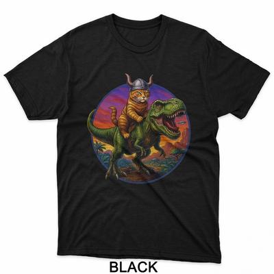 Episches Wikinger-Katze auf Dinosaurier reitend Schrullige Katzenkunst T-Shirt
