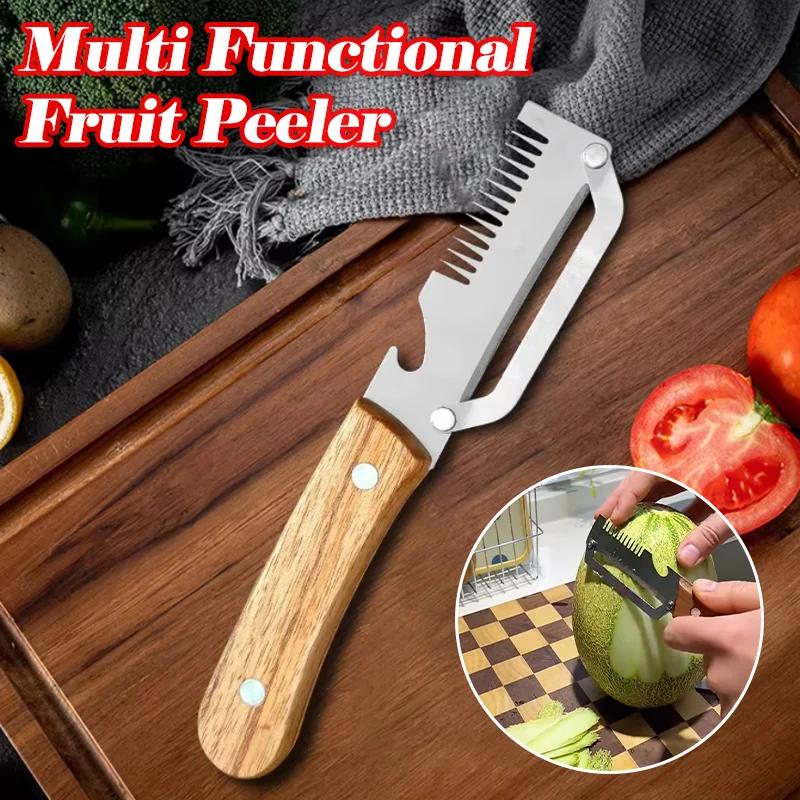Pelador de Verduras de Acero Inoxidable 3 en 1 con Mango de Madera Herramienta de Cocina Versátil para Pelar Rallar Para Fruta Verdura Piel
