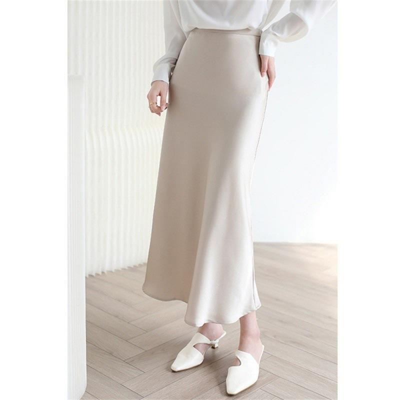 Triacetic Acid Satin French Fishtail Skirt for Women Draped Slim Mid-length High-waisted Skirt Summer Silk Hip Skirt