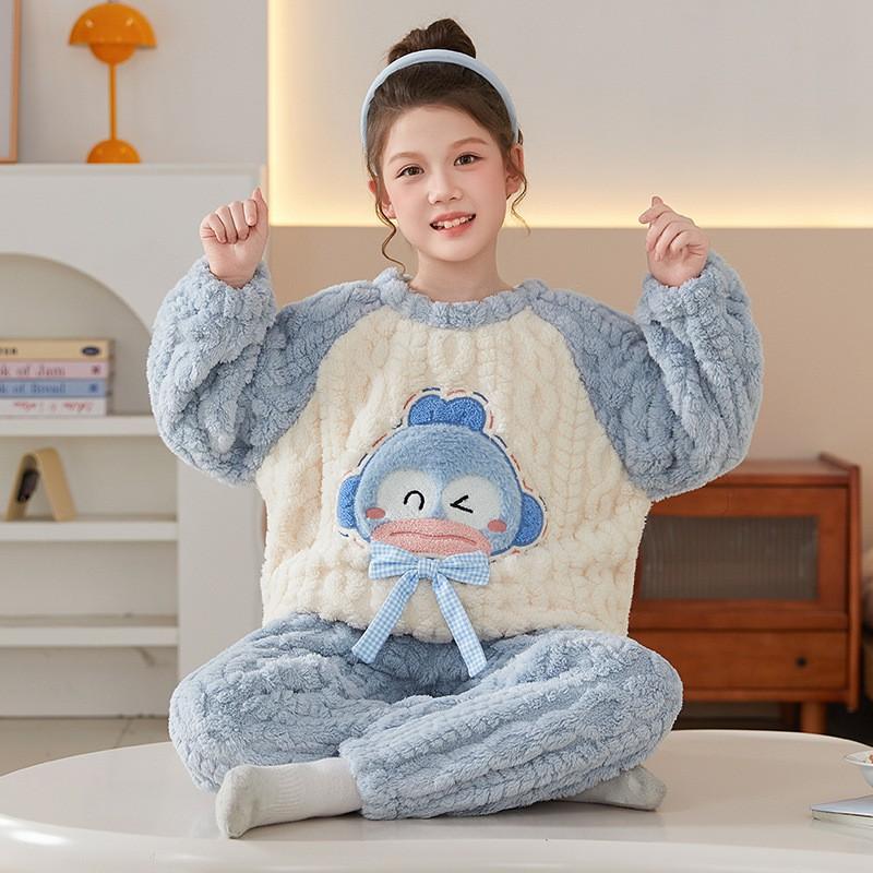 Girls Winter Coral Fleece Pajama Set Long Sleeve Hooded Sleepwear Kids 8 Years Soft Warm Home Outfit