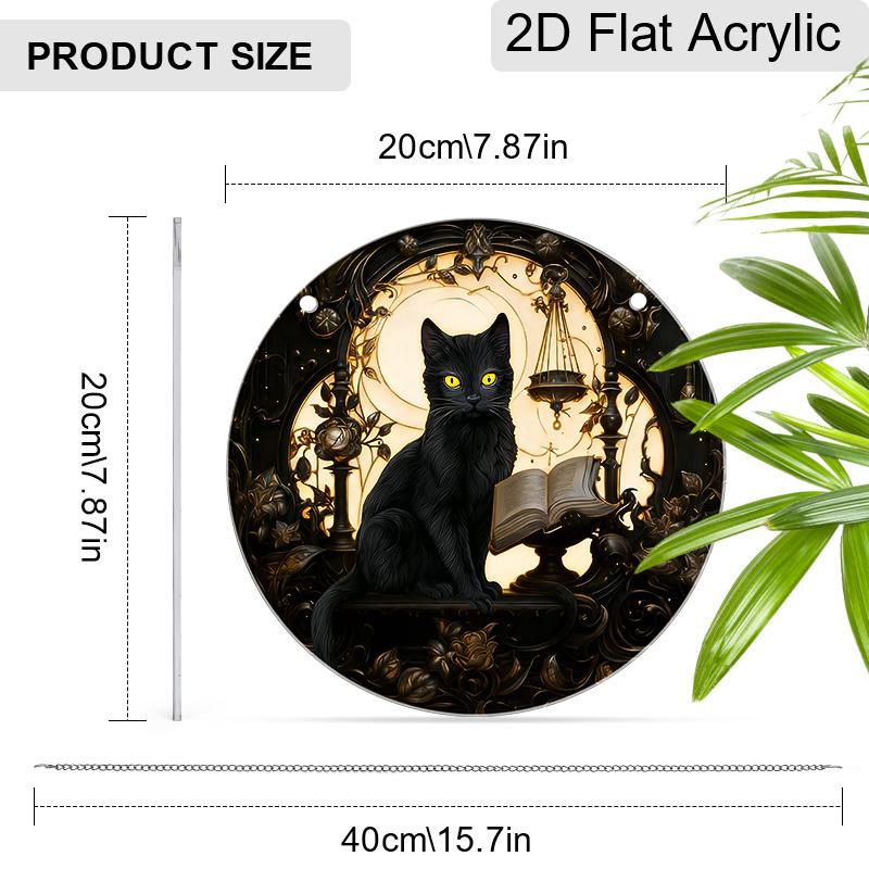 Acrylic Gothic Black Cat with Book, Scale and Moon Suncatcher, Stained Glass Effect Window Hanging Ornament for Witchy & Dark Academia Lover Gifts