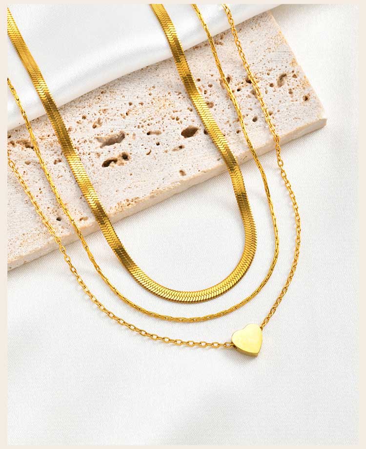 French Chic Layered Stainless Steel Necklace Set for Women, Gold Plated Snake Heart Chain 3-in-1 Tarnish Free Jewelry