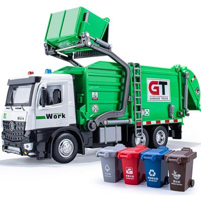 1/24 Garbage Truck Toys Metal Cab with Lights and Sounds,Friction Powered Recycling Truck,Front Loader with Dumpster,4 Trash Bins with Trash Cards