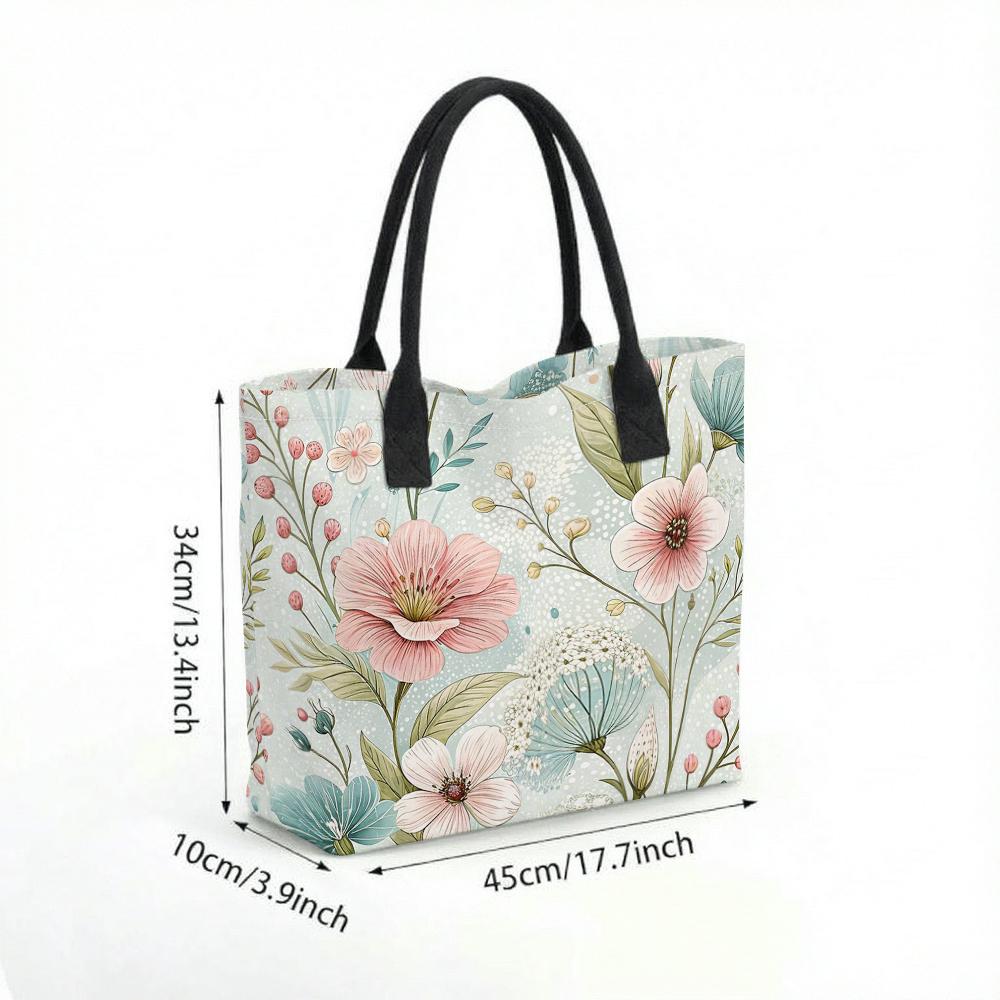  Floral Print Canvas Tote Bag Casual Large Capacity Handbag for Daily Use