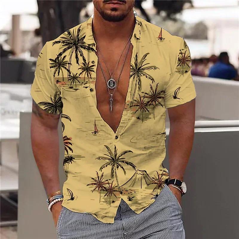 Hawaiian Men's T-shirt 3D Printed Beach Coconut Tree Men's Shirt Short Sleeved Fashionable Top T-shirt Men's Shirt