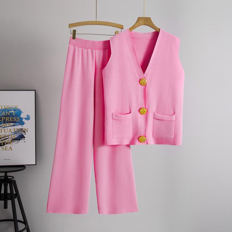 2025 Letní Móda Dvoudílný Pletený Vesta na Knoflíky & Sada Dlouhých Kalhot