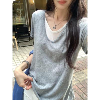 Women's Loose V-Neck Two-Piece Style Short-Sleeve T-Shirt - New, Popular, Effortless Design