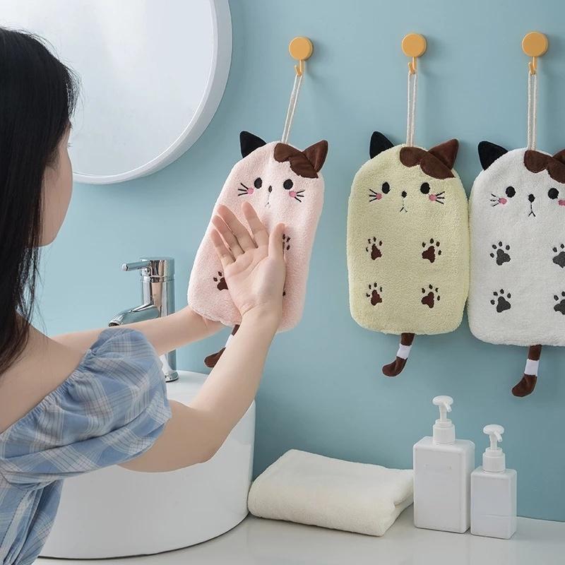1Pcs Super Absorbent Hanging Type Cat Embroidered Towelette Home Decor Dual Purpose Coral Velvet Hand Towel Bathroom Supplies