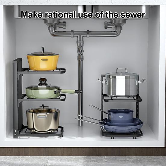 Multi-Layer Pot Storage Rack Strong Load-bearing Hollow Design Adjustable Cabinet Under-Sink Pan Rack Cookware Holder