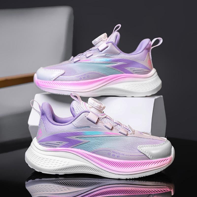 Girls 2025 fashion running shoes medium and older children's shoes running shoes rotating button sports shoes wear-resistant and lightweight