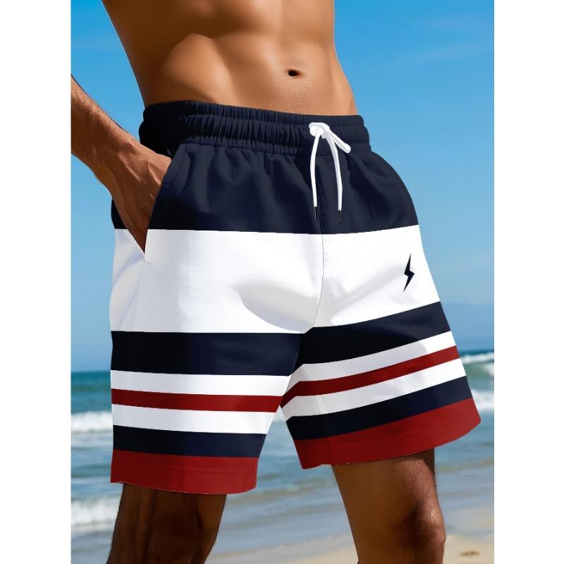 Summer men s shorts, black bottom, red, white and blue, contrasting stripes, printed beach shorts, practical M