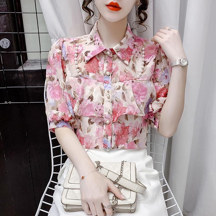 New Summer Pearl Ruffle Edge Floral Chiffon Blouse Sweet Turn Down Collar Floral Short Sleeved Bottoming Shirt