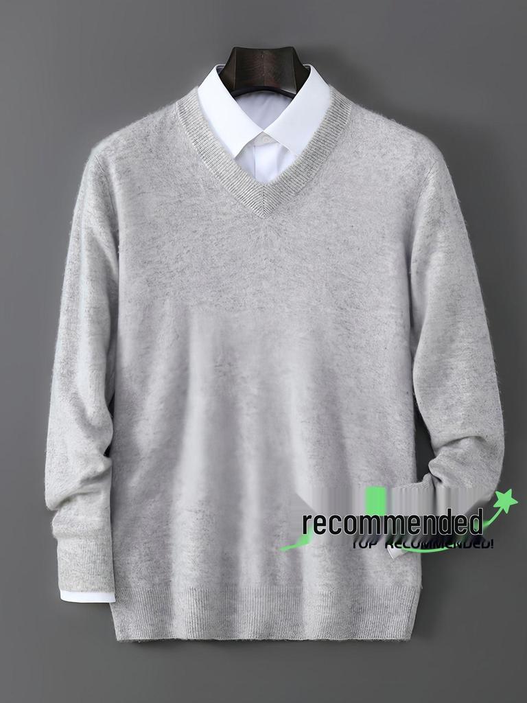 Men’s Pure Wool V-neck Pullover - Casual Loose Knitwear for Autumn/Winter