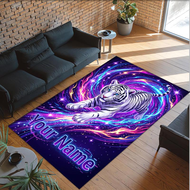 Lion Tiger Theme Crystal Velvet Rug Personalized Custom Name Text Soft Floor Mat Home Decor